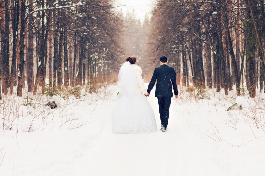 bride and groom in the winter woods
