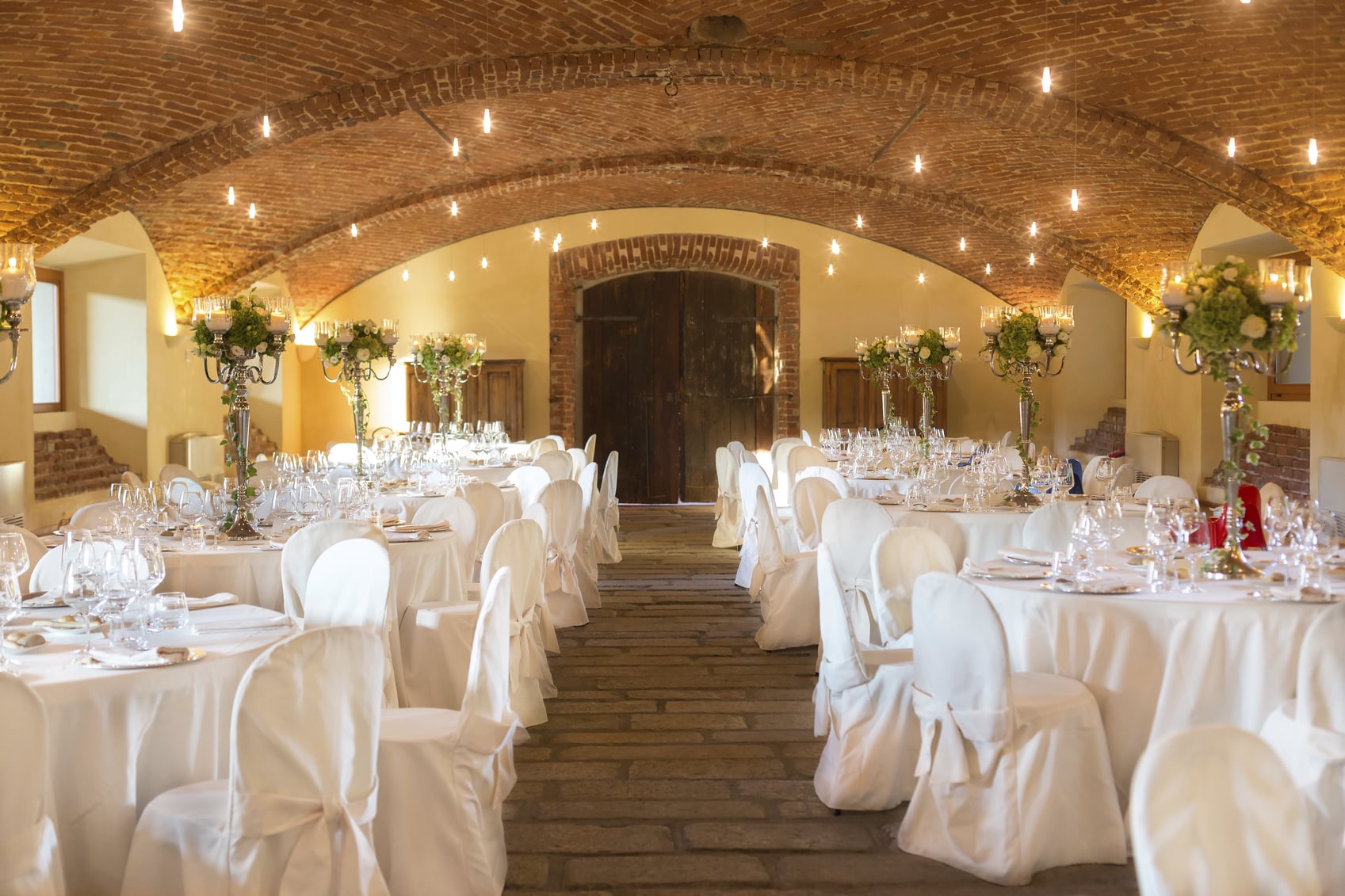 Tables decorated for a party or wedding reception